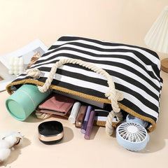 Striped Pattern Beach Bag Large Capacity Tote Bag Vacation Style Canvas