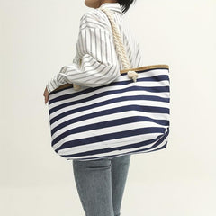Striped Pattern Beach Bag Large Capacity Tote Bag Vacation Style Canvas