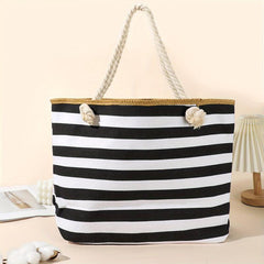 Striped Pattern Beach Bag Large Capacity Tote Bag Vacation Style Canvas