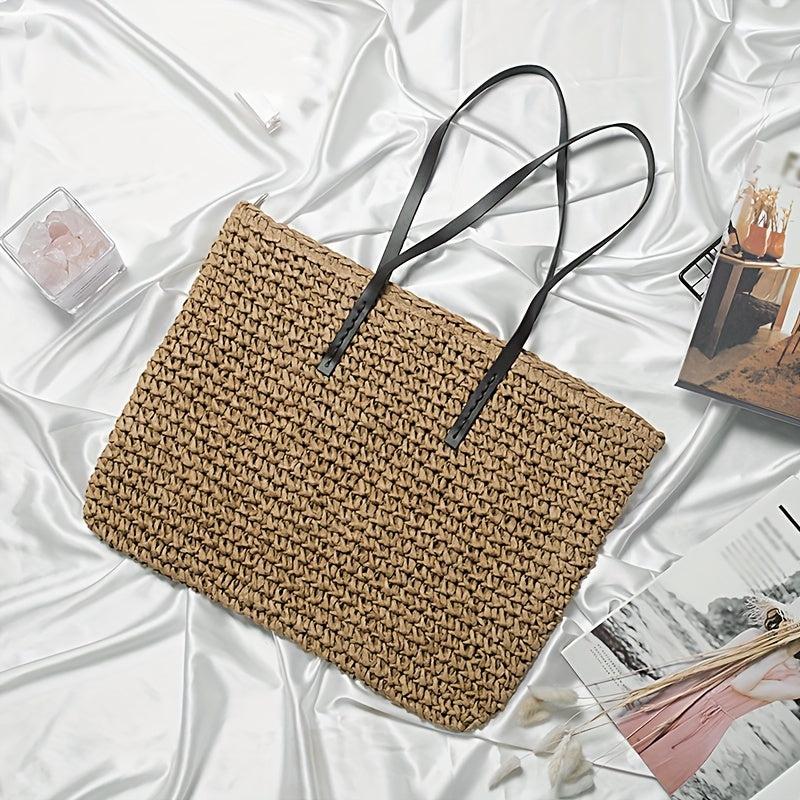 Straw Woven Casual Handbag Double Handle Literary Tote Bag