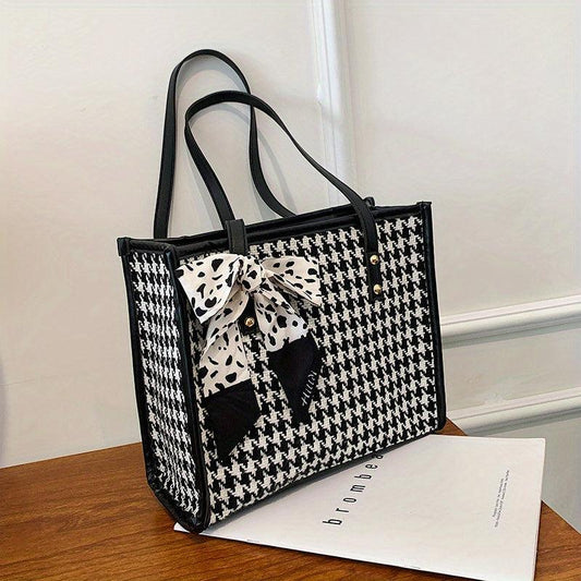 Vintage Houndstooth Pattern Tote Retro Scarf Decor Shoulder Bag