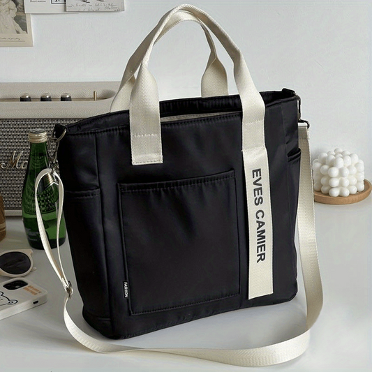 Colorblock Tote Canvas Bag Large Capacity Shoulder Bag For School