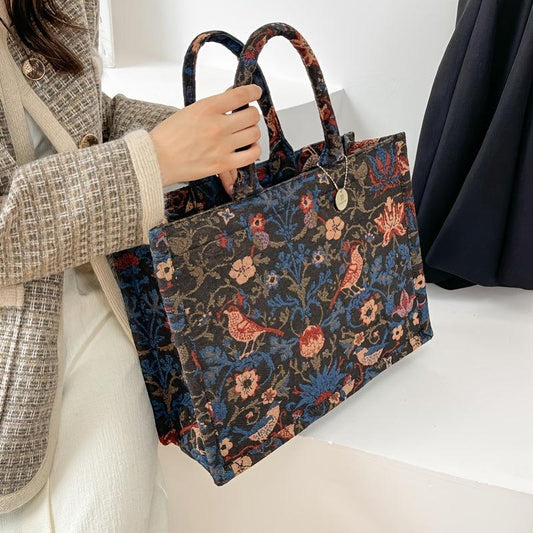 Vintage Tote Bag Floral Pattern Satchel Large Capacity Shoulder Bag