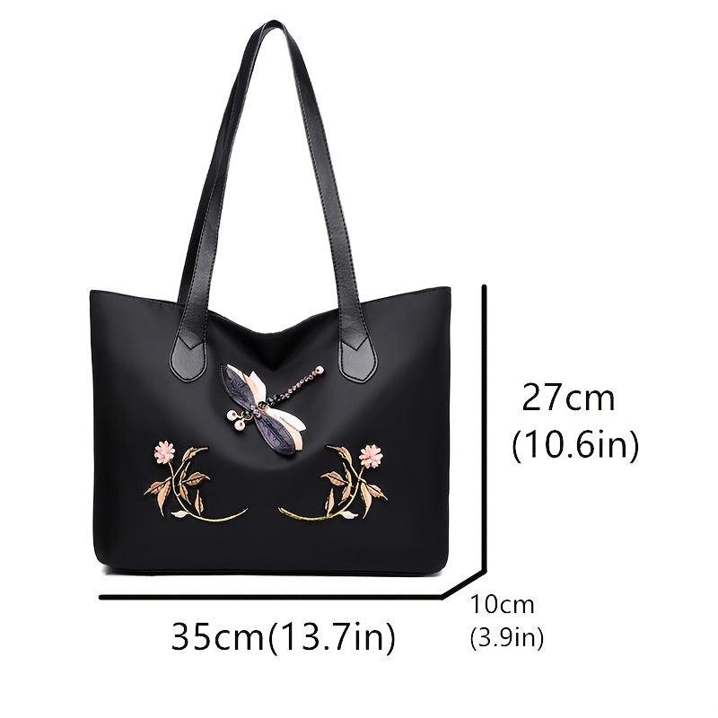 Flower Print & Dragonfly Tote Bag Stylish Women's Handbag Work Bag