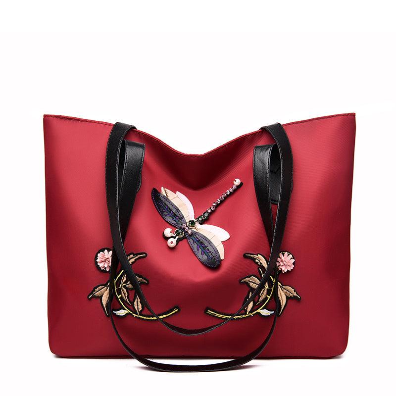 Flower Print & Dragonfly Tote Bag Stylish Women's Handbag Work Bag