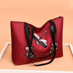 Flower Print & Dragonfly Tote Bag Stylish Women's Handbag Work Bag