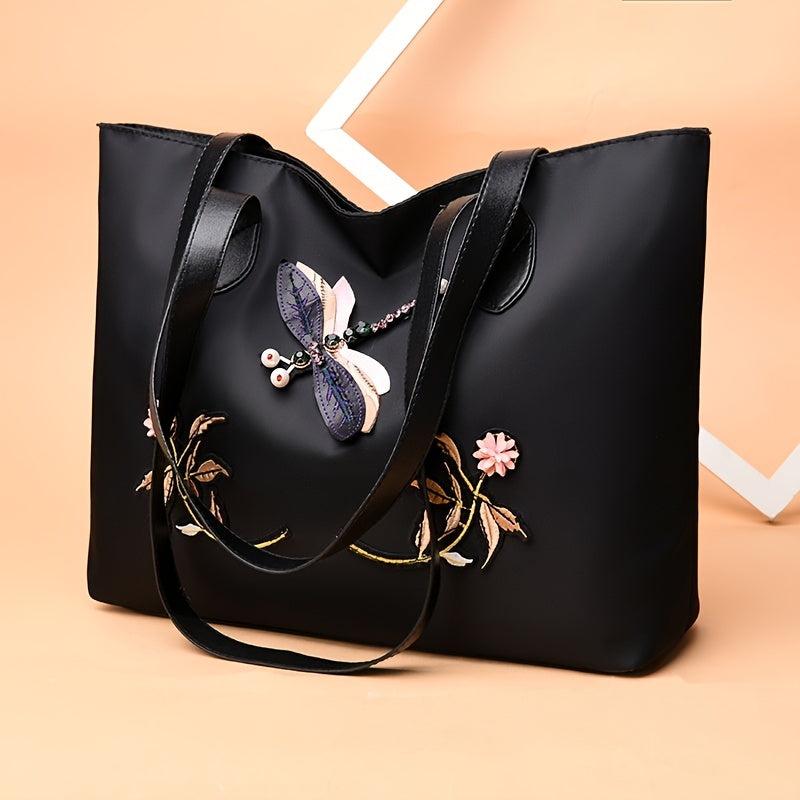 Flower Print & Dragonfly Tote Bag Stylish Women's Handbag Work Bag