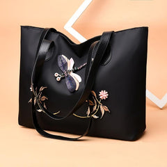 Flower Print & Dragonfly Tote Bag Stylish Women's Handbag Work Bag