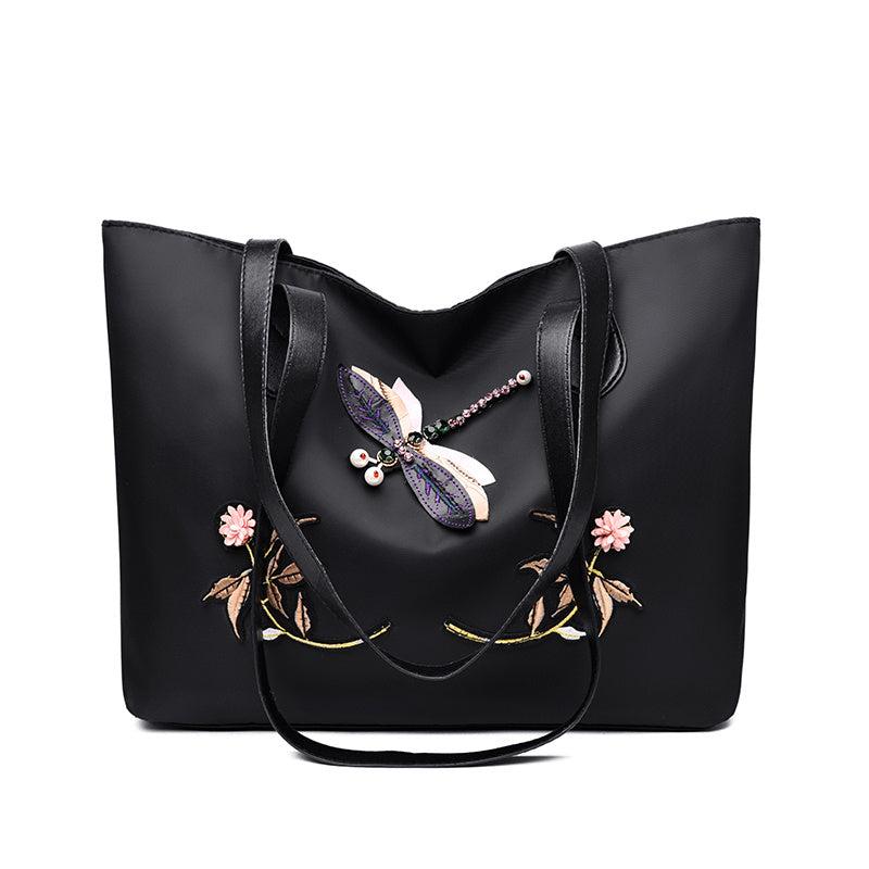 Flower Print & Dragonfly Tote Bag Stylish Women's Handbag Work Bag
