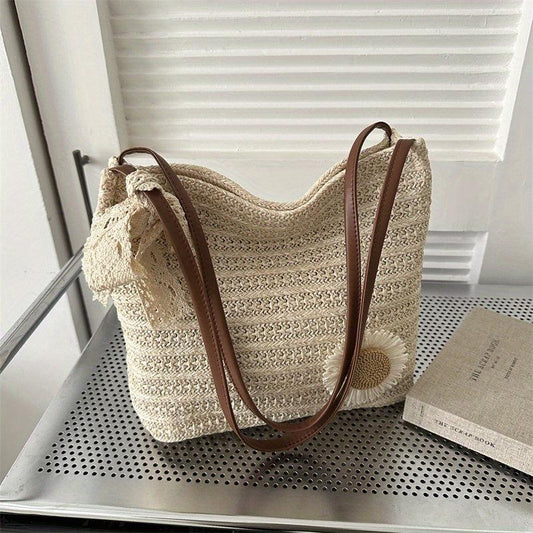Flower Decor Straw Bag Minimalist Women's Casual Travel Bag