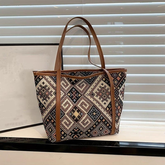 Ethnic Style Fabric Tote Bag Geometric Pattern Handbag