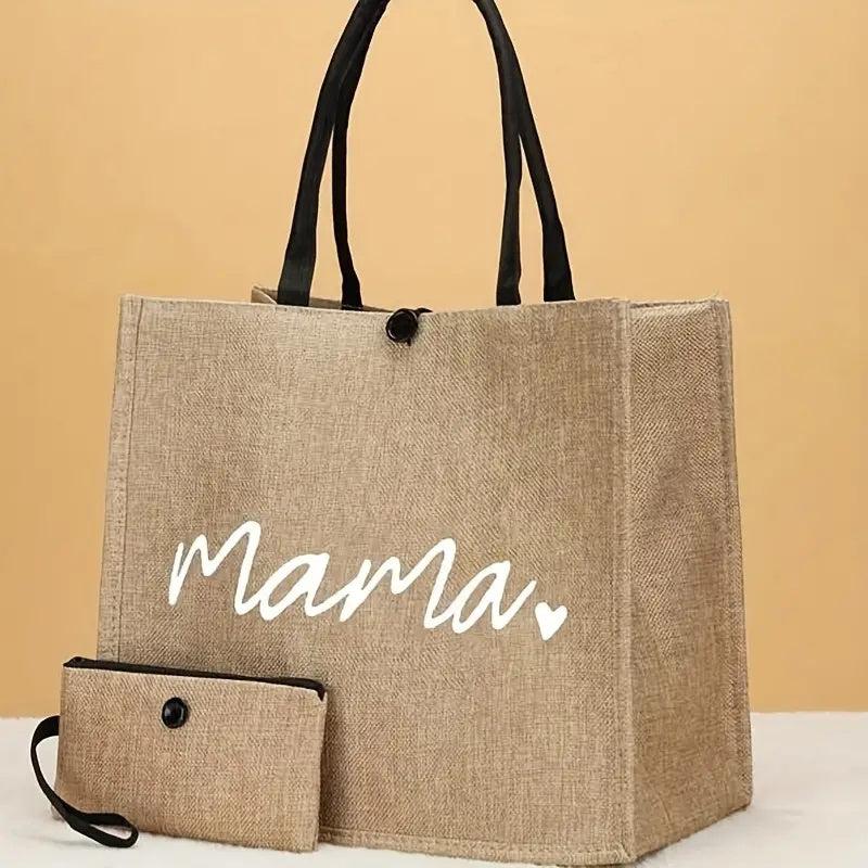 2pcs Mama Letter Print Tote Bag Set Reusable Shopping Bag With Coin Purse