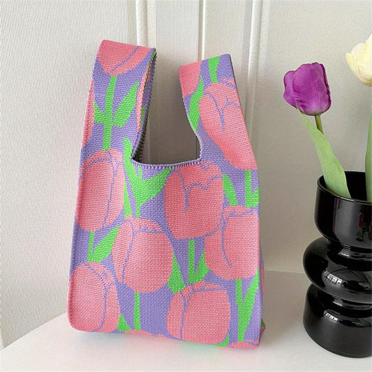 Floral Pattern Knitted Casual Handbag Large Capacity Portable Versatile Tote Bag