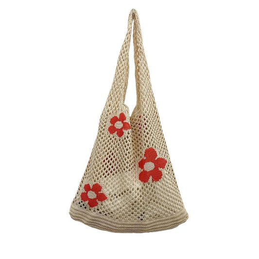 Flower Print Crochet Shoulder Bag Casual Shopper Bag