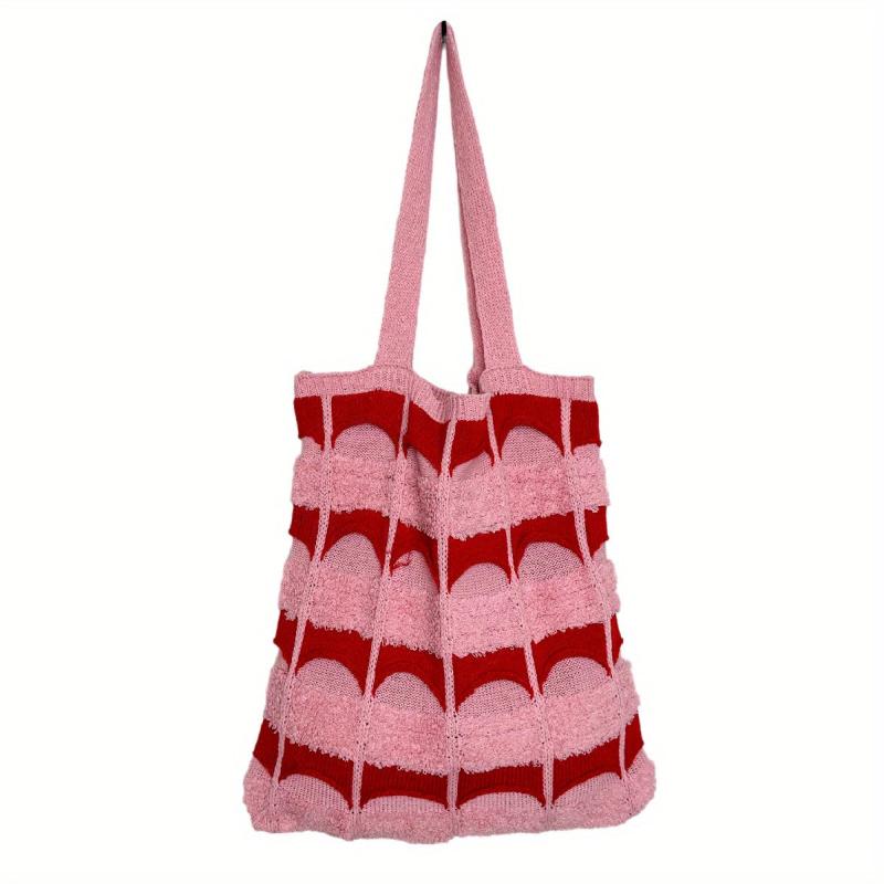 Contrast Knitted Tote Bag Large Capacity Shoulder Bag Women's Grunge Handbag