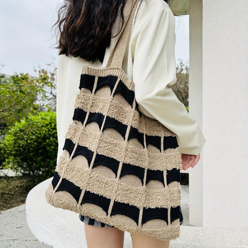 Contrast Knitted Tote Bag Large Capacity Shoulder Bag Women's Grunge Handbag