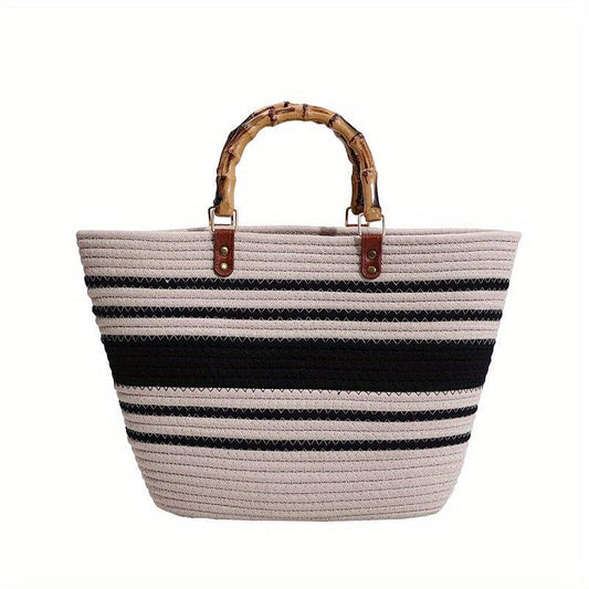 Striped Woven Tote Bag Bamboo Handle Large Capacity Handbag