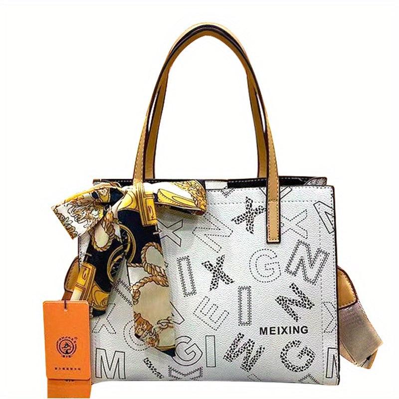 Letter Graphic Tote Bag Large Capacity PU Leather Handbag