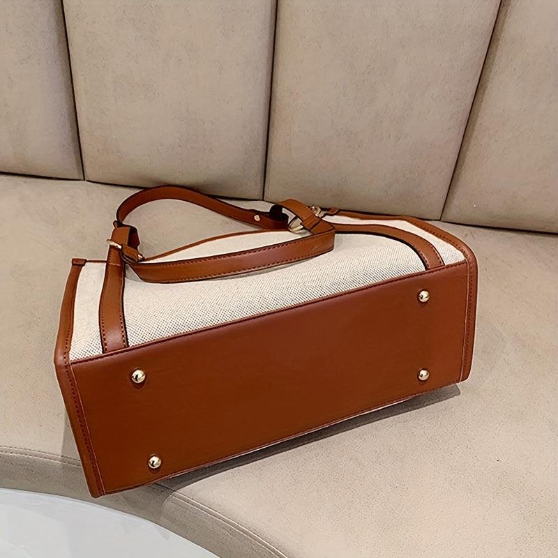 Vintage Contrast Canvas Tote Bag Large Capacity Retro Shoulder Bag