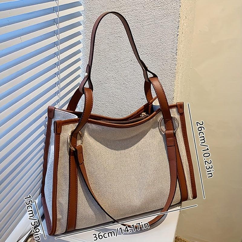 Vintage Contrast Canvas Tote Bag Large Capacity Retro Shoulder Bag