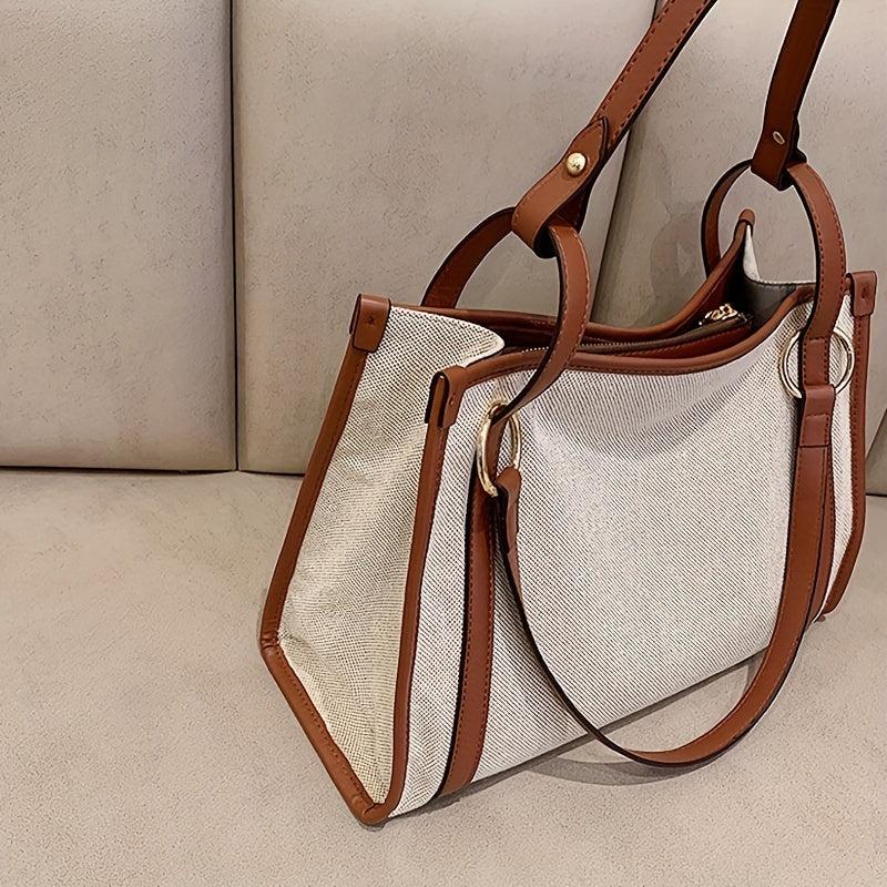 Vintage Contrast Canvas Tote Bag Large Capacity Retro Shoulder Bag