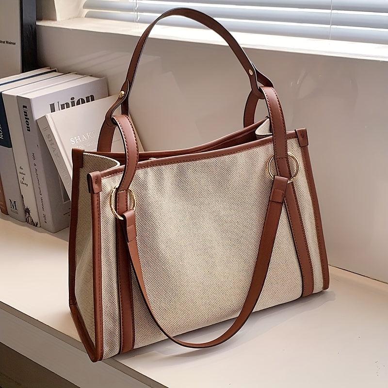 Vintage Contrast Canvas Tote Bag Large Capacity Retro Shoulder Bag