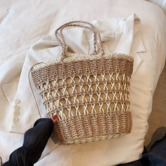 Minimalist Solid Straw Satchel Bag Drawstring Bag For Holiday