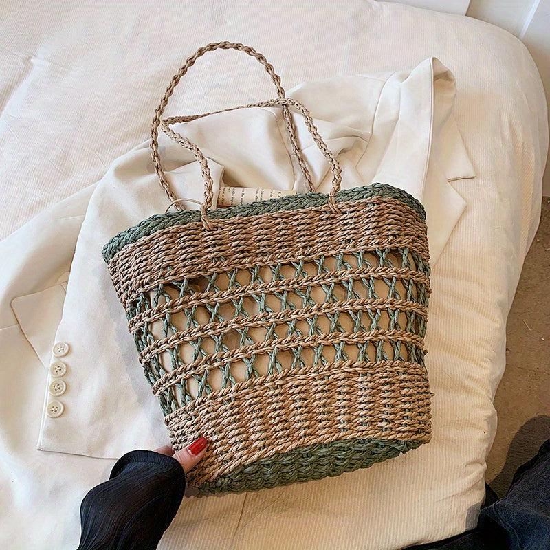 Minimalist Solid Straw Satchel Bag Drawstring Bag For Holiday