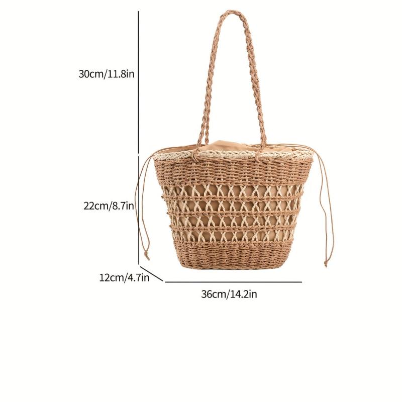 Minimalist Solid Straw Satchel Bag Drawstring Bag For Holiday