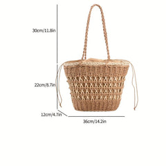 Minimalist Solid Straw Satchel Bag Drawstring Bag For Holiday