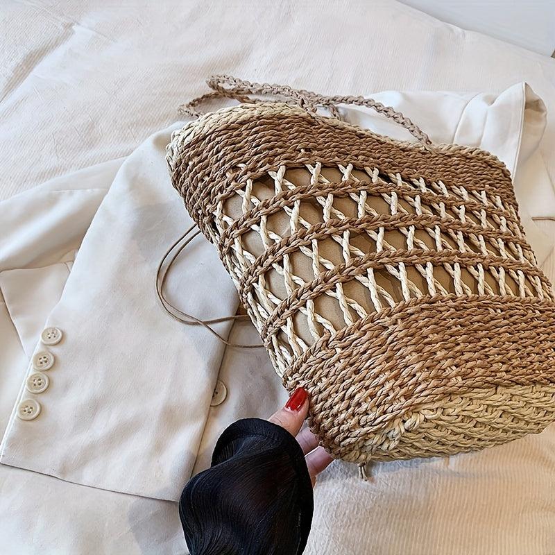 Minimalist Solid Straw Satchel Bag Drawstring Bag For Holiday
