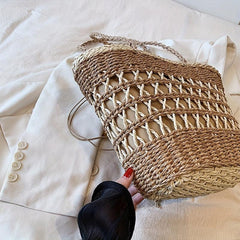 Minimalist Solid Straw Satchel Bag Drawstring Bag For Holiday