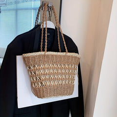Minimalist Solid Straw Satchel Bag Drawstring Bag For Holiday