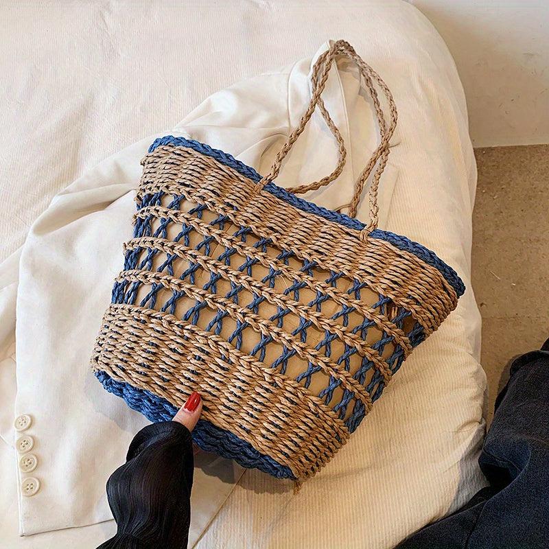 Minimalist Solid Straw Satchel Bag Drawstring Bag For Holiday