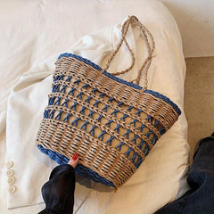 Minimalist Solid Straw Satchel Bag Drawstring Bag For Holiday