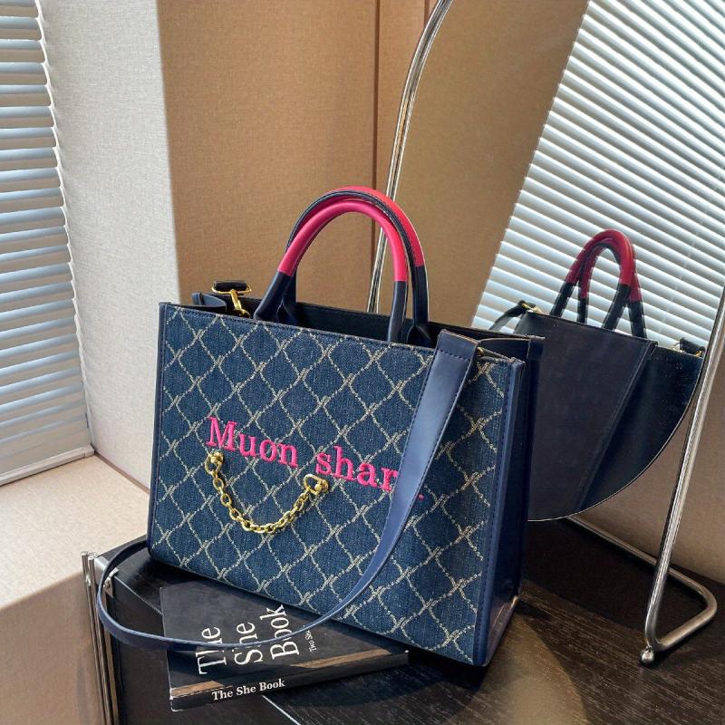 Argyle Pattern Denim Tote Bag Shoulder Bag Chain Decor Handbag