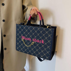 Argyle Pattern Denim Tote Bag Shoulder Bag Chain Decor Handbag