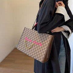 Argyle Pattern Denim Tote Bag Shoulder Bag Chain Decor Handbag