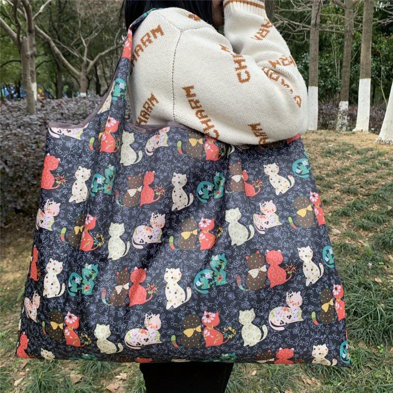 Large Capacity Shoulder Nylon Bag Cartoon Cats Print Foldable Shopper Bag