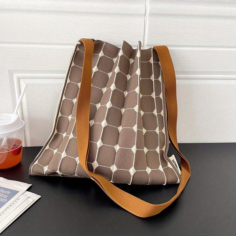 Checkerboard Shoulder Bag Ruched Tote Foldable Knitted Handbag
