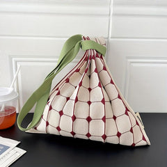 Checkerboard Shoulder Bag Ruched Tote Foldable Knitted Handbag