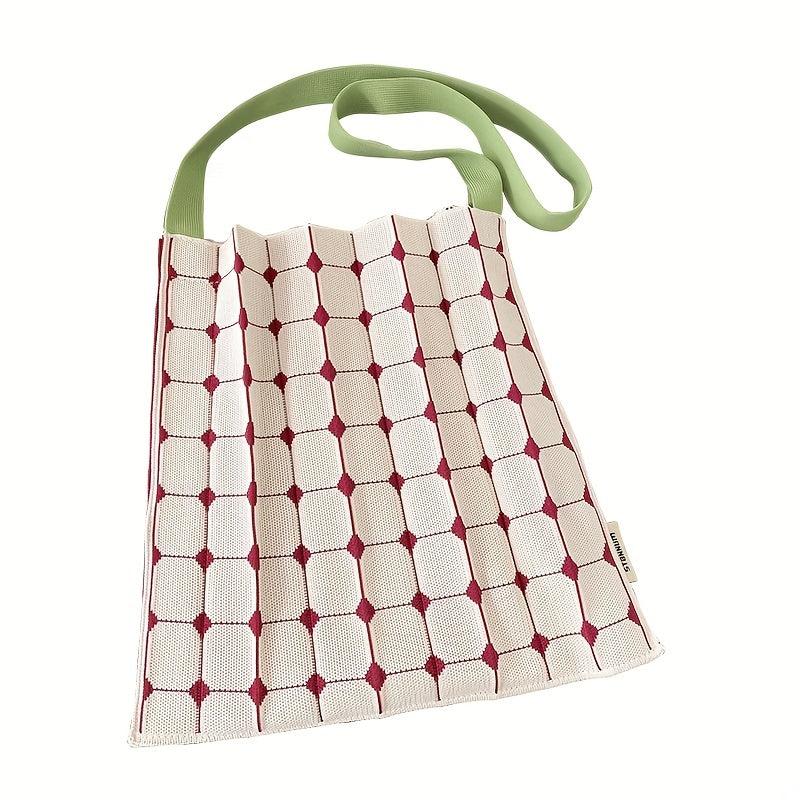 Checkerboard Shoulder Bag Ruched Tote Foldable Knitted Handbag