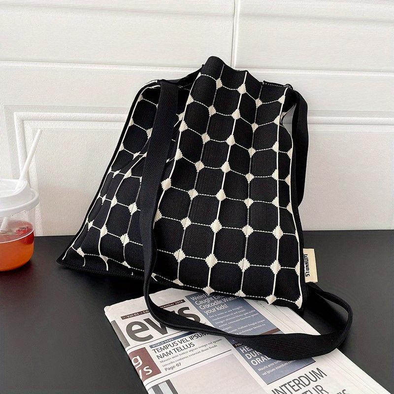 Checkerboard Shoulder Bag Ruched Tote Foldable Knitted Handbag