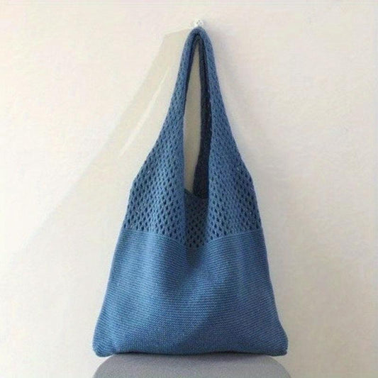 Solid Knitted Tote Bag Foldable Shoulder Bag Casual Shopping Bag