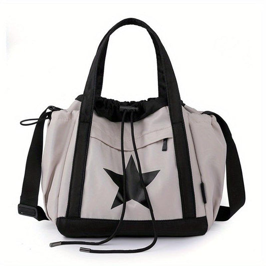 Vintage Star Print Drawstring Tote Large Capacity Shoulder Bag