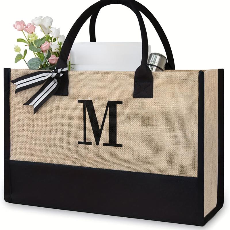 Large Capacity Letter Print Tote Bag Colorblock Burlap Shoulder Bag