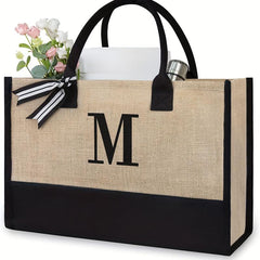 Large Capacity Letter Print Tote Bag Colorblock Burlap Shoulder Bag