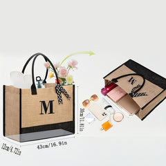 Large Capacity Letter Print Tote Bag Colorblock Burlap Shoulder Bag
