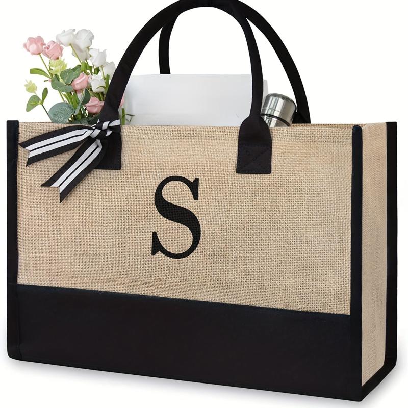 Large Capacity Letter Print Tote Bag Colorblock Burlap Shoulder Bag