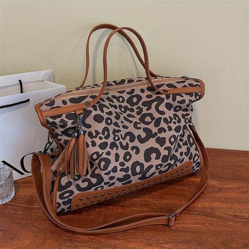 Leopard Pattern Tote Bag Studded Decor Shoulder Bag Large Capacity Satchel Bag